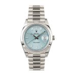 Close-up shot of a Rolex Day-Date Ice Blue Platinum Presidential 228206 Super Clone watch.