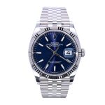 Rolex Datejust 126234 super clone replica watch with a blue dial and steel Jubilee bracelet.