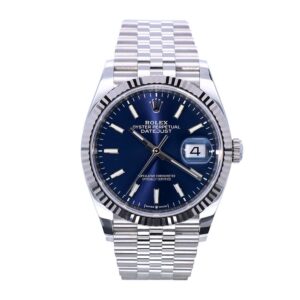 Rolex Datejust 126234 super clone replica watch with a blue dial and steel Jubilee bracelet.