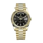 Rolex Day-Date 228238 super clone replica watch with a black diagonal dial and yellow gold Presidential bracelet