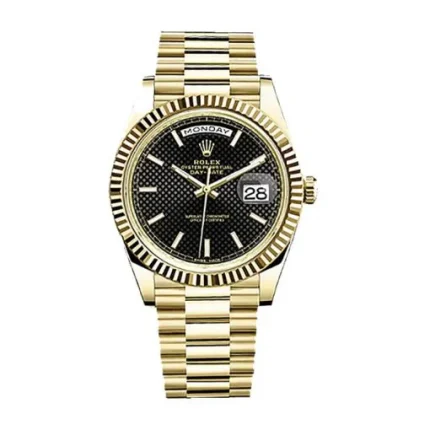 Rolex Day-Date 228238 super clone replica watch with a black diagonal dial and yellow gold Presidential bracelet