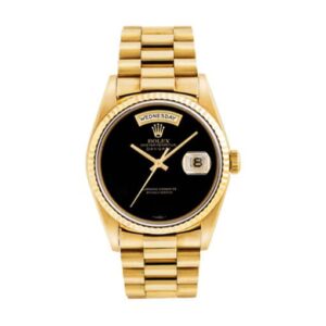 Rolex Day-Date 18038 super clone replica watch with a black onyx dial and yellow gold Jubilee bracelet
