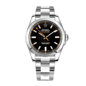 Rolex Milgauss 116400 super clone replica watch with a black dial and iconic lightning bolt hand