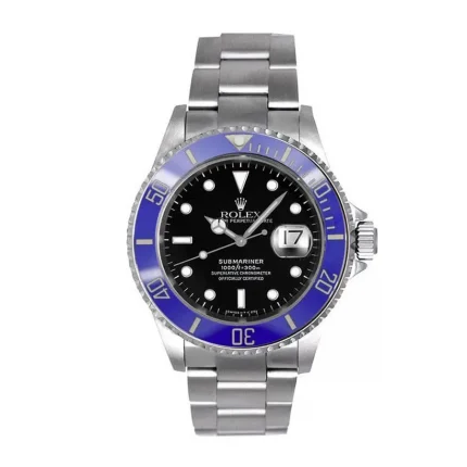 Rolex Submariner Date 16610 Master Clone replica watch with black dial and blue bezel on a stainless steel bracelet