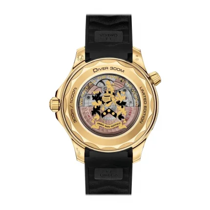 Detailed caseback of Gold Omega Seamaster 007 replica with James Bond family crest