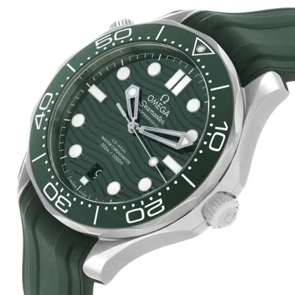 Close-up of the green wave-pattern dial and bezel on Omega Seamaster Diver 300M super clone