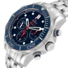 Close-up of the blue ceramic bezel and red hands on Omega Seamaster Chrono