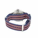 Back view of the striped James Bond NATO strap and caseback of Commander's Seamaster replica