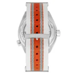 Back view of the striped orange and grey NATO strap with polished buckle
