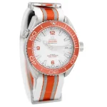 Right side profile of Omega Seamaster Planet Ocean replica with orange bezel