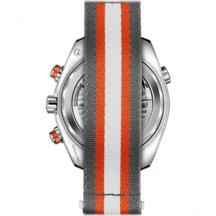 Striped NATO strap and back profile of Omega Seamaster Chronograph super clone