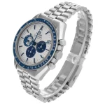 Side profile of Omega Speedmaster Snoopy silver dial watch with chronograph pushers