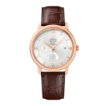 Full dikey view of Omega De Ville Prestige Power Reserve on brown leather strap