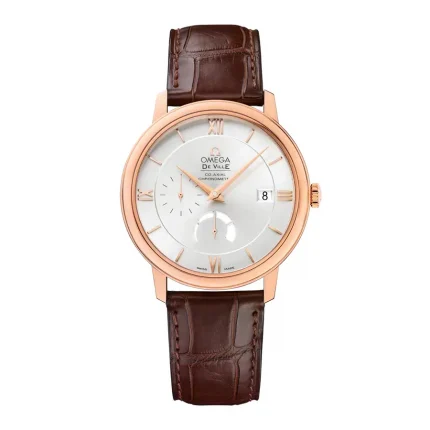 Full dikey view of Omega De Ville Prestige Power Reserve on brown leather strap