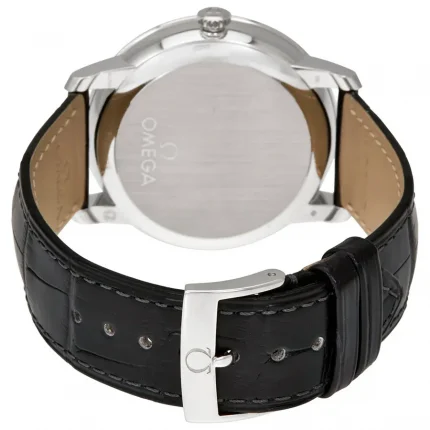 Black alligator-style leather strap and polished pin buckle of Omega De Ville Prestige pro clone