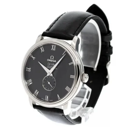 Left side profile of Omega De Ville Prestige Small Seconds black dial super clone