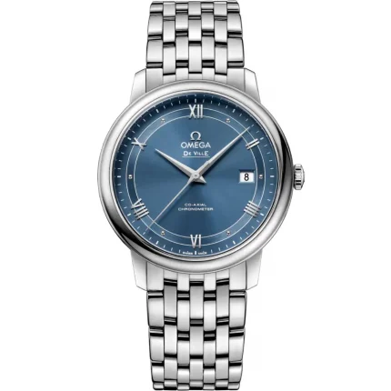 Front view of Omega De Ville Prestige blue dial steel bracelet 1:1 ultra clone