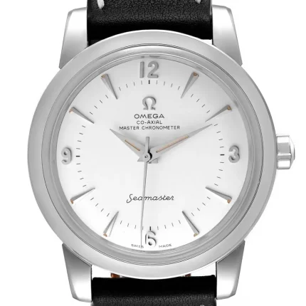 Macro shot of the 1948 Heritage dial with vintage Omega logo and markers