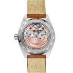 Back view of Omega Worldtimer with brown leather strap and exhibition caseback