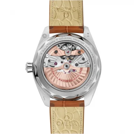 Back view of Omega Worldtimer with brown leather strap and exhibition caseback