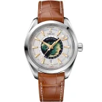 Front view of Omega Aqua Terra Worldtimer 220.93.43.22.99.001 on brown leather