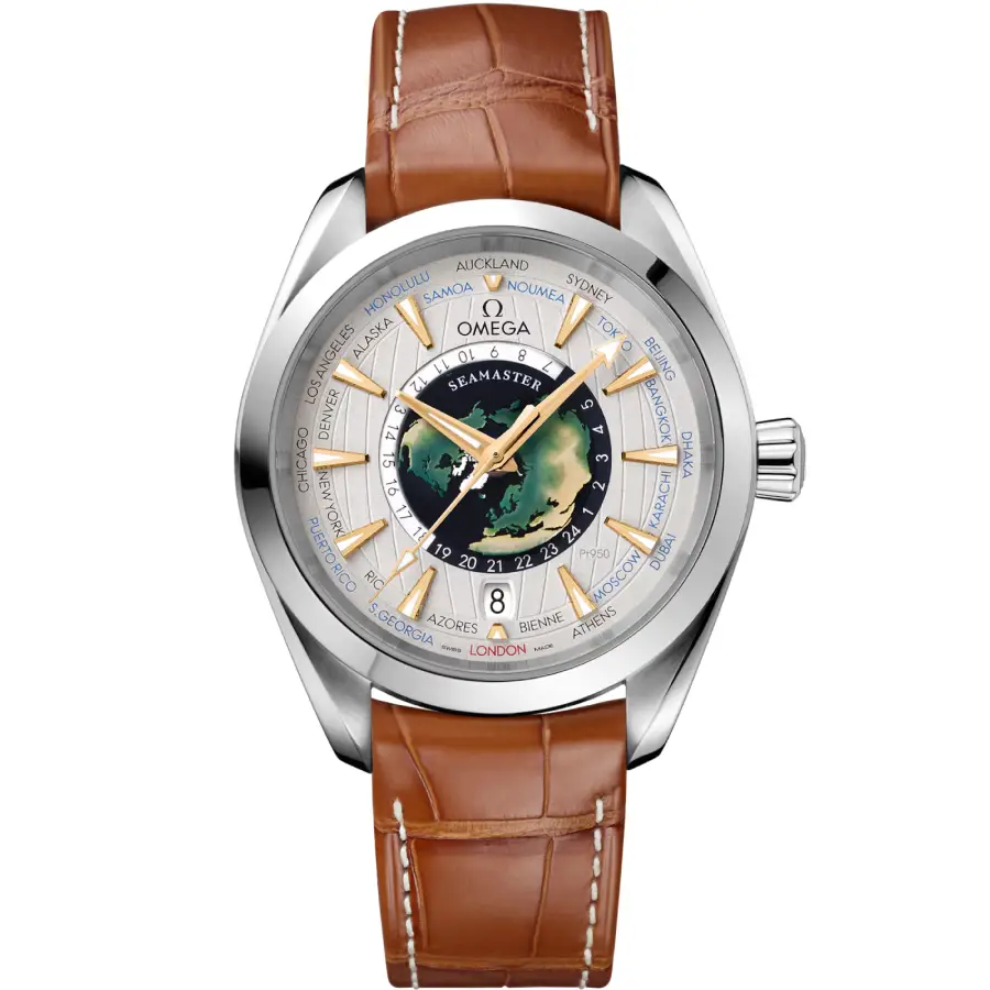 omega-world-timer-brown-leather-replica Front view of Omega Aqua Terra Worldtimer 220.93.43.22.99.001 on brown leather