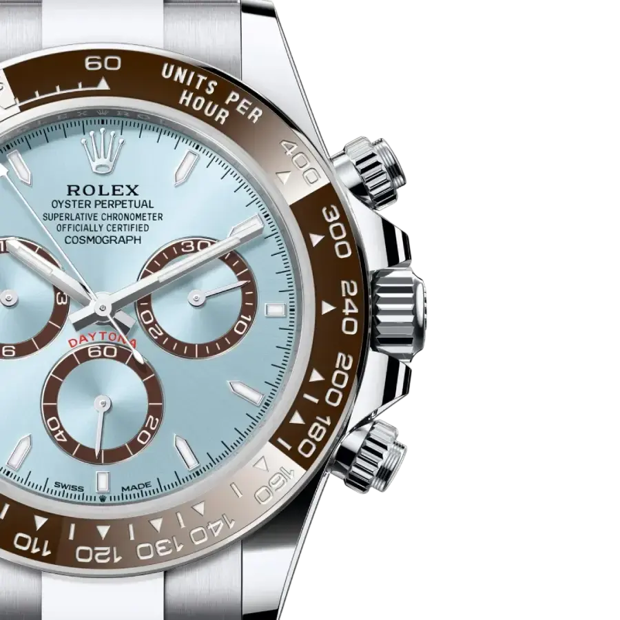 Close-up of Rolex Daytona 126506 Ice Blue dial and brown Cerachrom bezel super clone. Banner on Chronetti Homepage