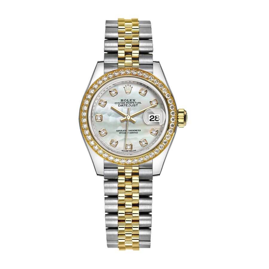 rolex-datejust-28mm-279383rbr-yellow-gold-steel-automatic-mother-pearl-diamond-dial.jpg Rolex Lady-Datejust 279383RBR Diamond Bezel Ultra Clone 1:1 - Image 1